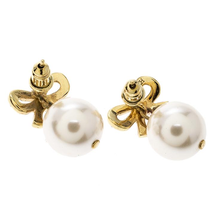 Pre Owned CH Carolina Herrera Bow Crystal Faux Pearl Gold Tone Earrings