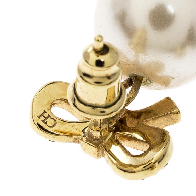 Pre Owned CH Carolina Herrera Bow Crystal Faux Pearl Gold Tone Earrings
