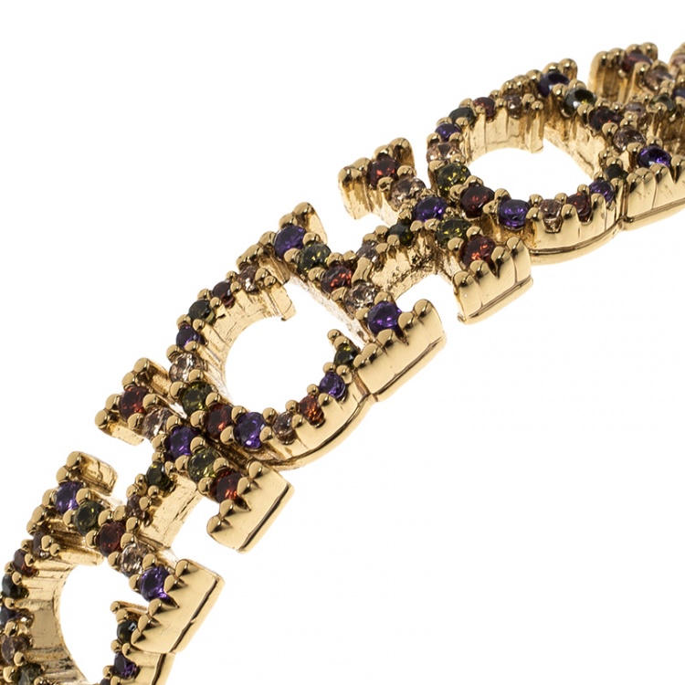 Pre Owned CH Carolina Herrera Logo Multicolored Crystals Gold Plated Open Cuff Bracelet