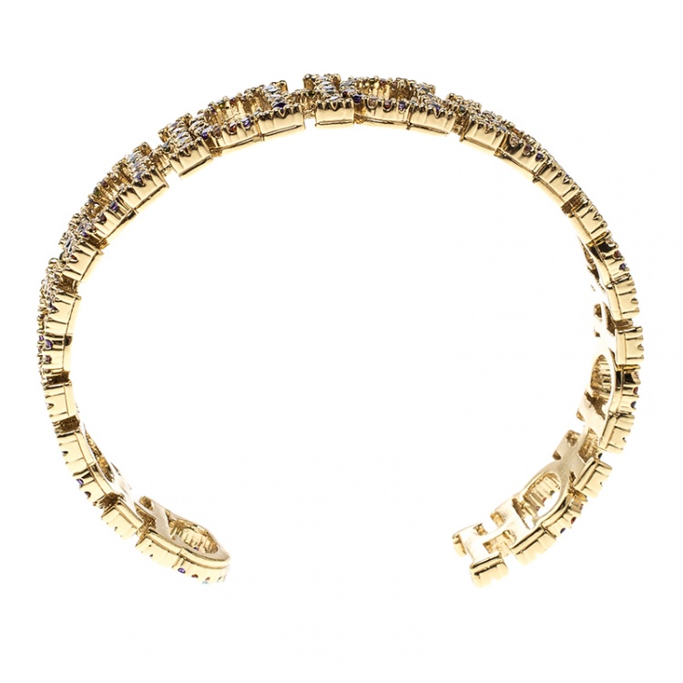 Pre Owned CH Carolina Herrera Logo Multicolored Crystals Gold Plated Open Cuff Bracelet
