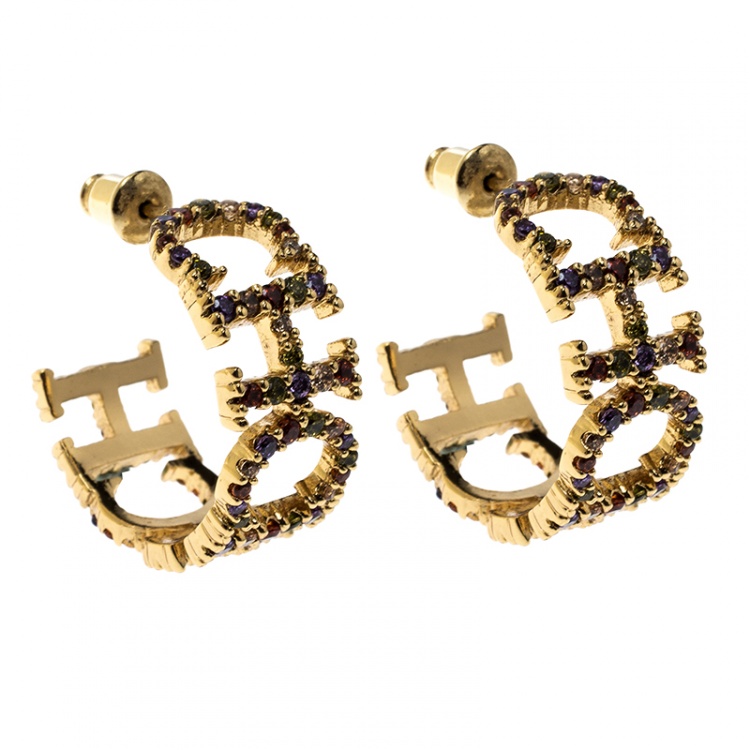 Pre Owned CH Carolina Herrera Logo Multicolor Crystal Vermeil Silver Hoop Earrings