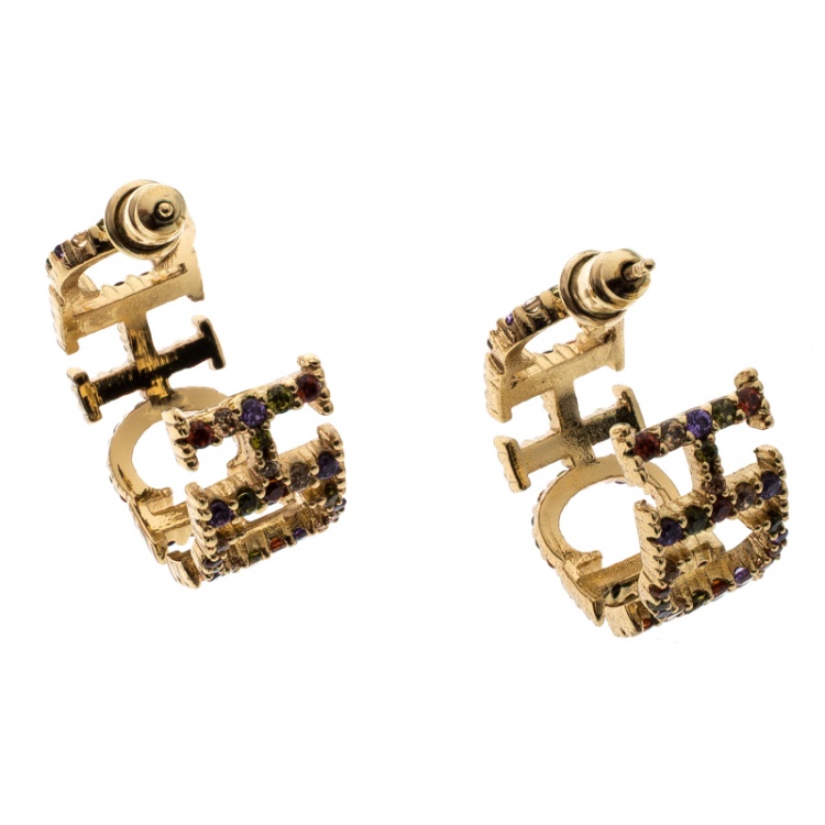 Pre Owned CH Carolina Herrera Logo Multicolor Crystal Vermeil Silver Hoop Earrings