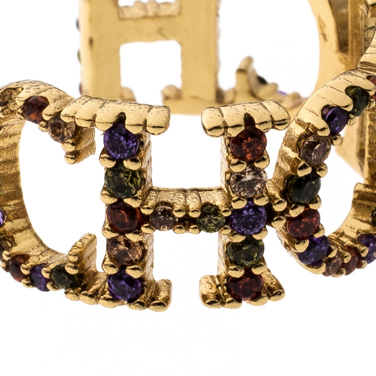 Pre Owned CH Carolina Herrera Logo Multicolor Crystal Vermeil Silver Hoop Earrings
