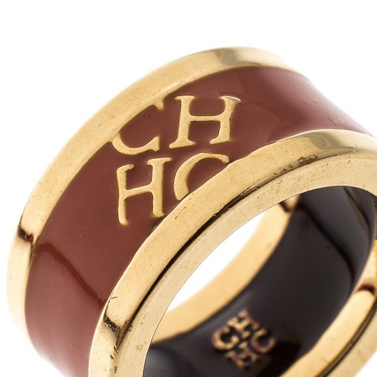 Pre Owned CH Carolina Herrera Logo Orange Enamel Gold Tone Band Ring Size 54