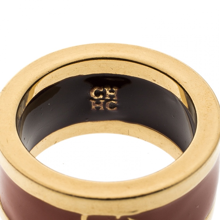 Pre Owned CH Carolina Herrera Logo Orange Enamel Gold Tone Band Ring Size 54
