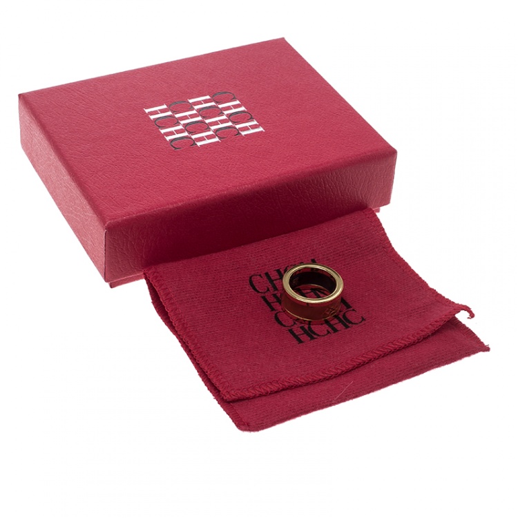 Pre Owned CH Carolina Herrera Logo Orange Enamel Gold Tone Band Ring Size 54