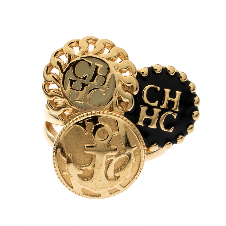 Pre Owned CH Carolina Herrera Enamel Gold Tone Ring Size 54.5