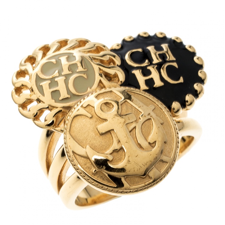 Pre Owned CH Carolina Herrera Enamel Gold Tone Ring Size 54.5