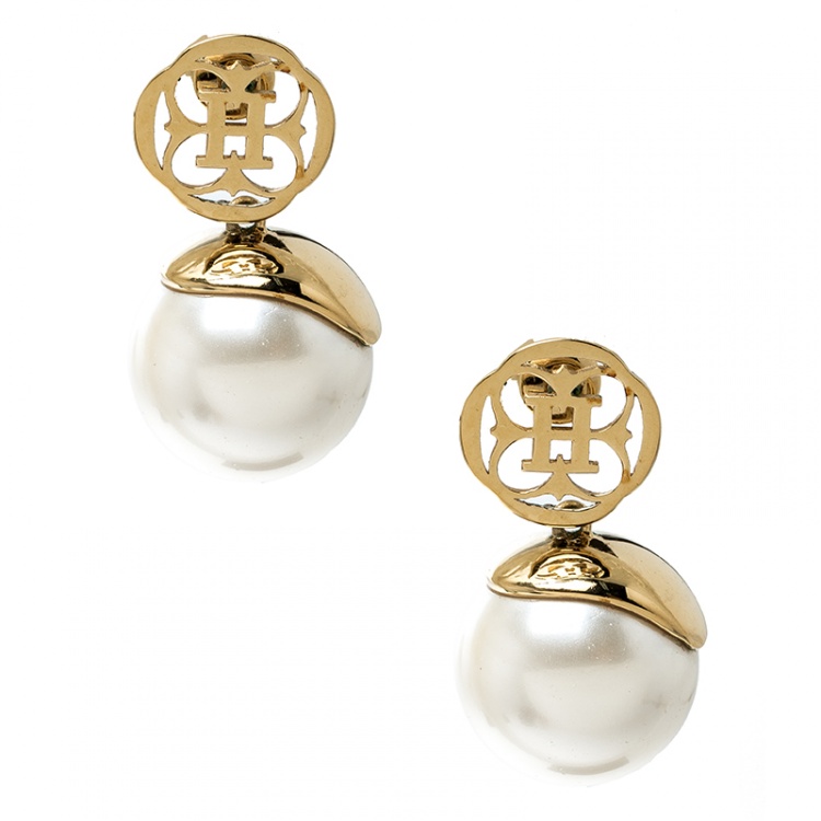 Pre Owned CH Carolina Herrera Faux Pearl Gold Tone Drop Earrings