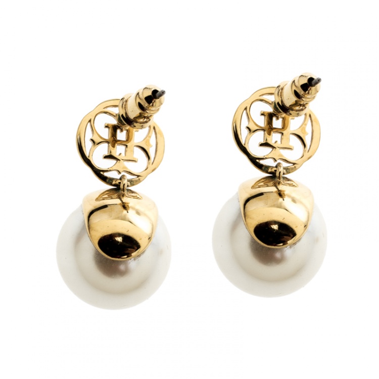 Pre Owned CH Carolina Herrera Faux Pearl Gold Tone Drop Earrings