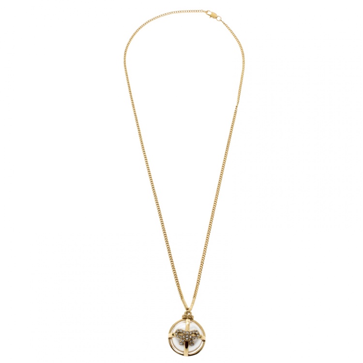مملوكة مسبقًا CH Carolina Herrera Faux Pearl Gold Tone Bow Ball Pendant Necklace