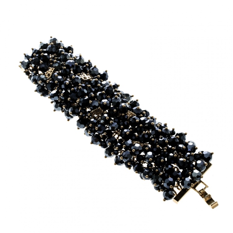 Pre Owned CH Carolina Herrera Metallic Beads Gold Tone Wide Bracelet 17cm