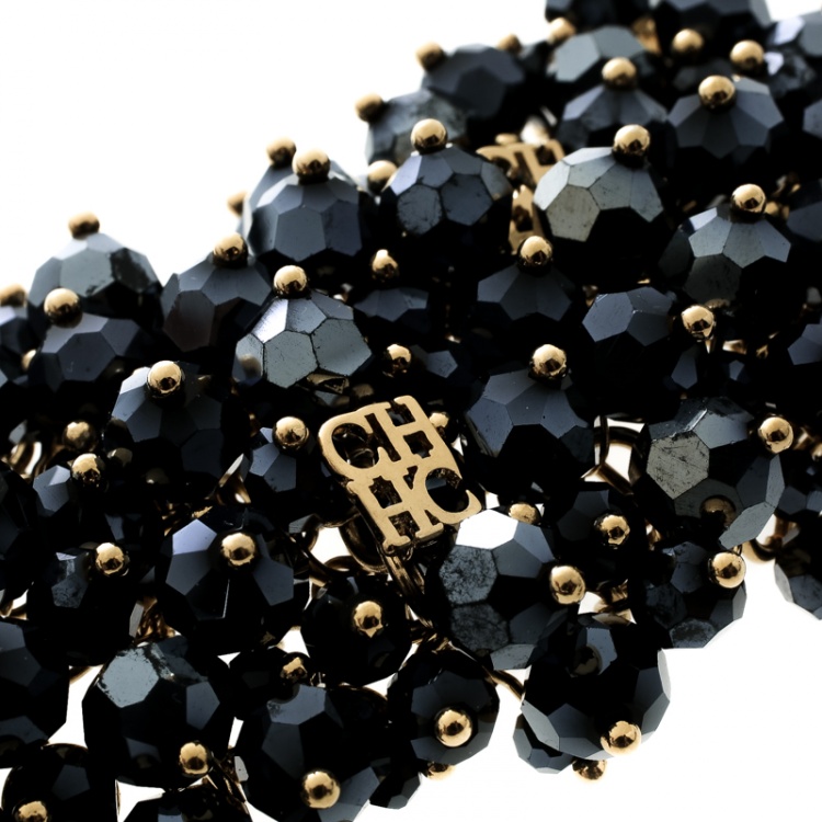 Pre Owned CH Carolina Herrera Metallic Beads Gold Tone Wide Bracelet 17cm