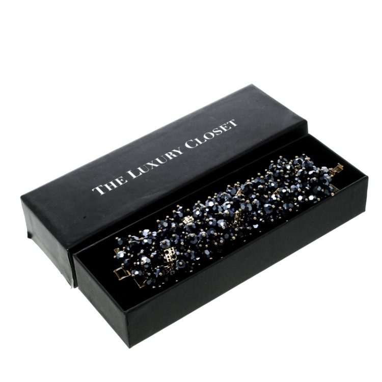 Pre Owned CH Carolina Herrera Metallic Beads Gold Tone Wide Bracelet 17cm