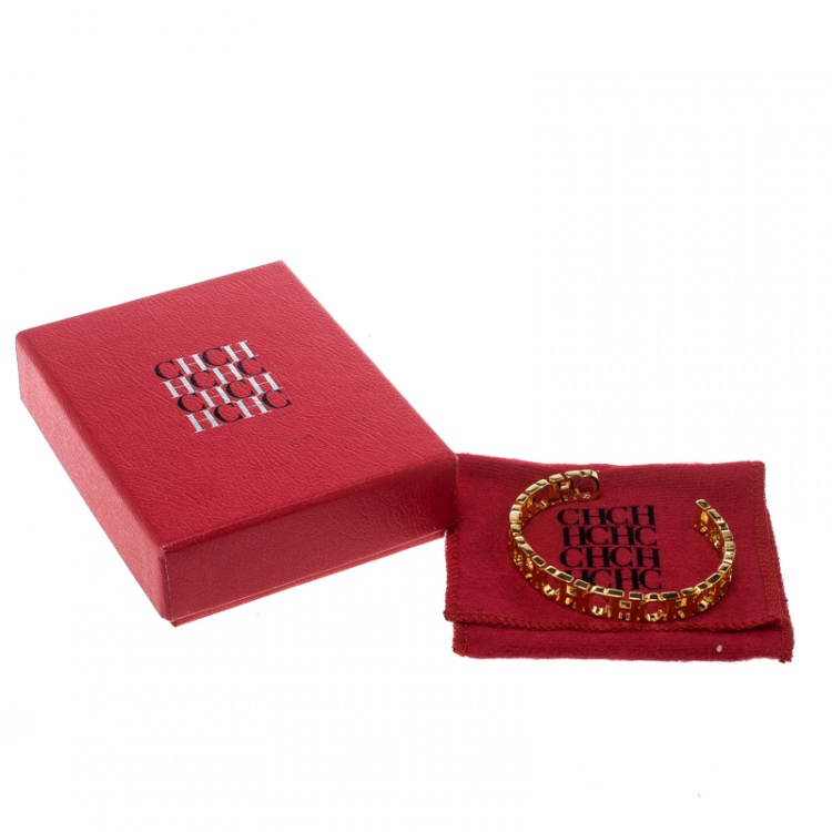 Pre Owned CH Carolina Herrera Logo Gold Tone Open Cuff Bracelet