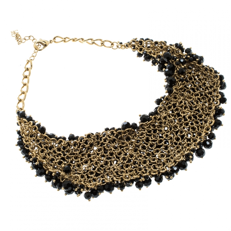 Pre Owned CH Carolina Herrera Black Beads Gold Tone Statement Necklace