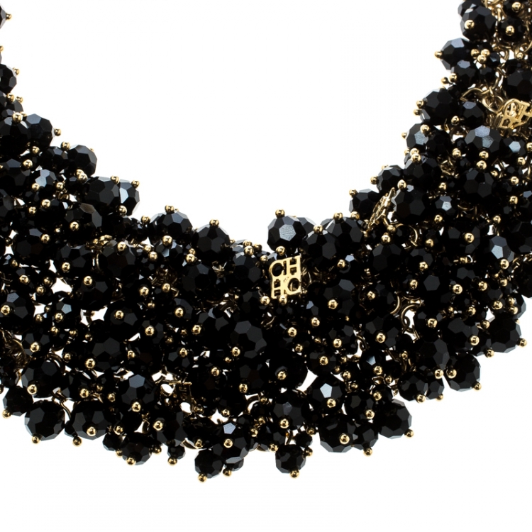 Pre Owned CH Carolina Herrera Black Beads Gold Tone Statement Necklace