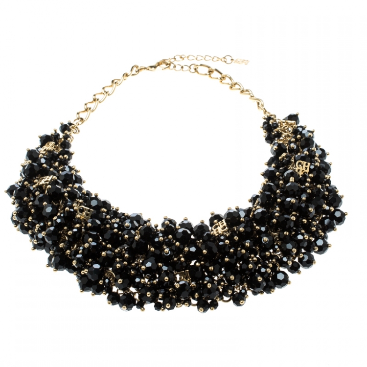Pre Owned CH Carolina Herrera Black Beads Gold Tone Statement Necklace