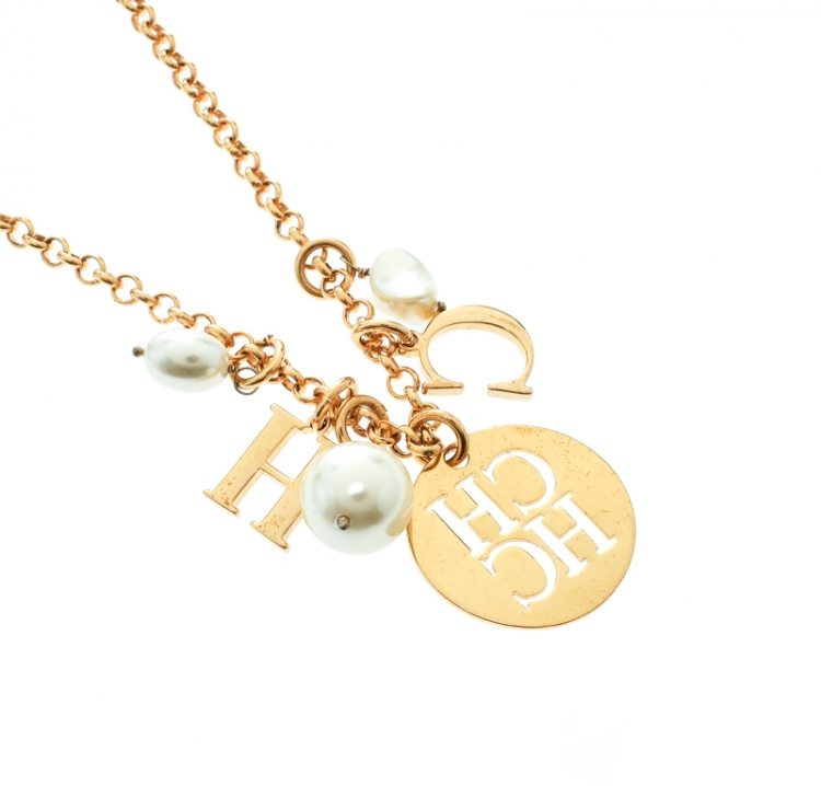 Pre Owned CH Carolina Herrara Faux Pearl Gold Tone Moving Charm Long Necklace