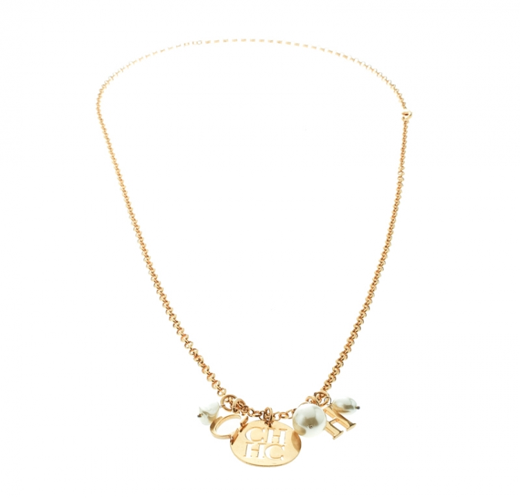 Pre Owned CH Carolina Herrara Faux Pearl Gold Tone Moving Charm Long Necklace