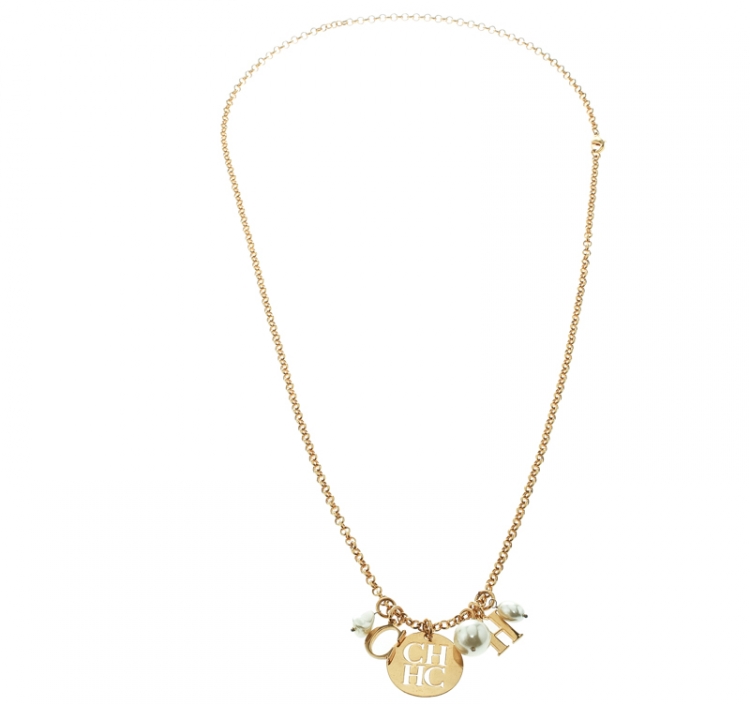 Pre Owned CH Carolina Herrara Faux Pearl Gold Tone Moving Charm Long Necklace