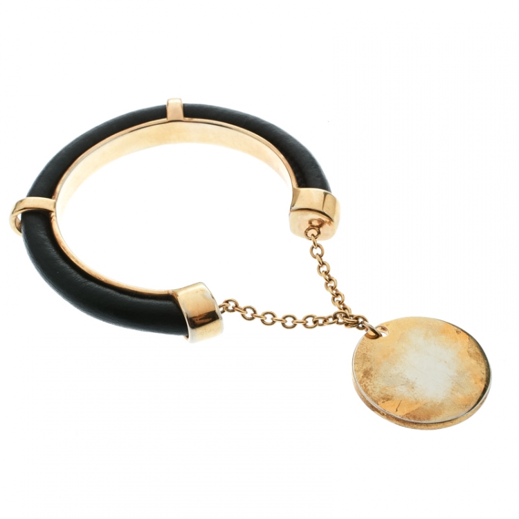 Pre Owned CH Carolina Herrera Black Leather Gold Tone Charm Cuff Bracelet