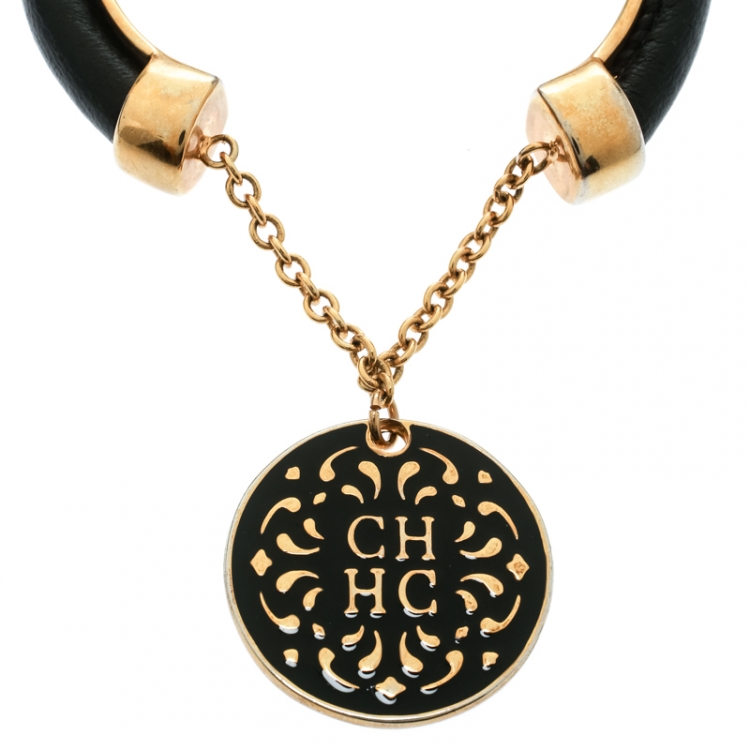 Pre Owned CH Carolina Herrera Black Leather Gold Tone Charm Cuff Bracelet