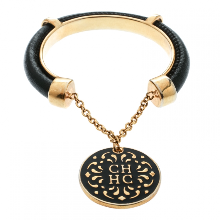 Pre Owned CH Carolina Herrera Black Leather Gold Tone Charm Cuff Bracelet