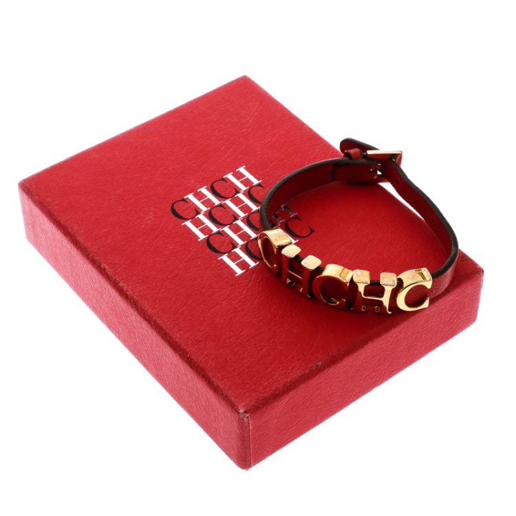 Pre Owned CH Carolina Herrera Red Leather Gold Tone Logo Charm Bracelet