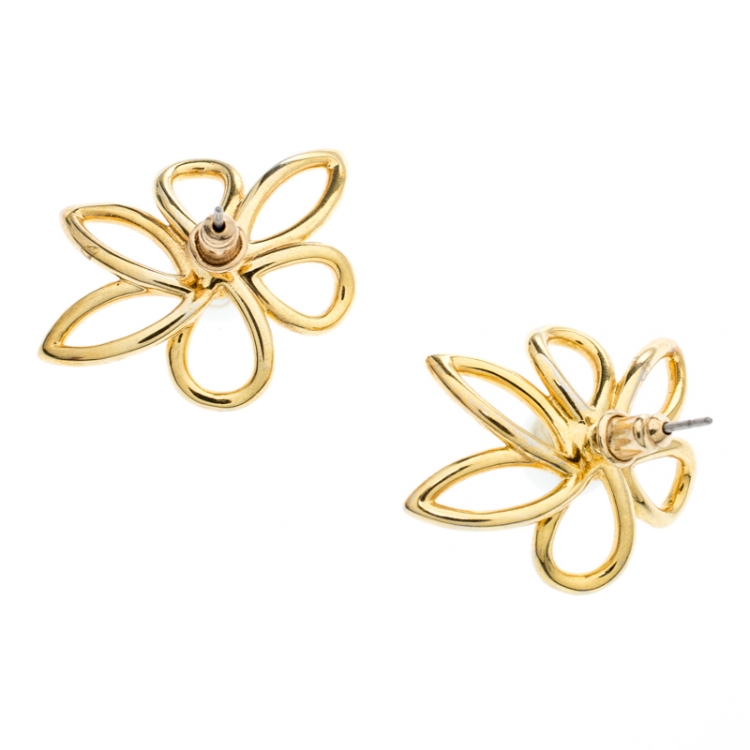 Pre Owned CH Carolina Herrera Faux Pearl Embedded Jasmine Gold Tone Stud Earrings