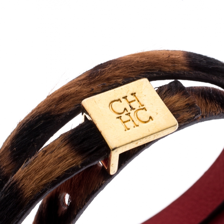 Pre Owned CH Carolina Herrera Leopard Print Leather Gold Tone Double Wrap Bracelet