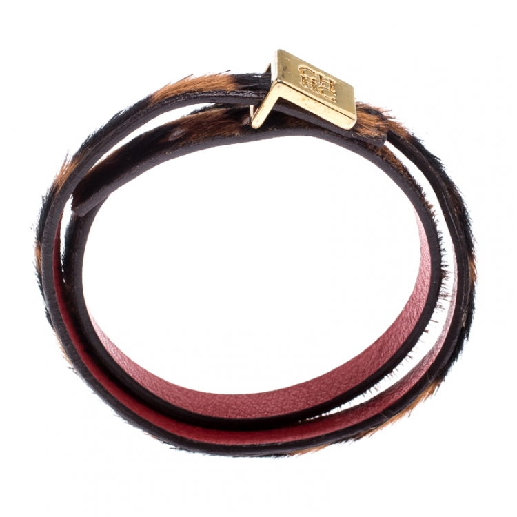Pre Owned CH Carolina Herrera Leopard Print Leather Gold Tone Double Wrap Bracelet