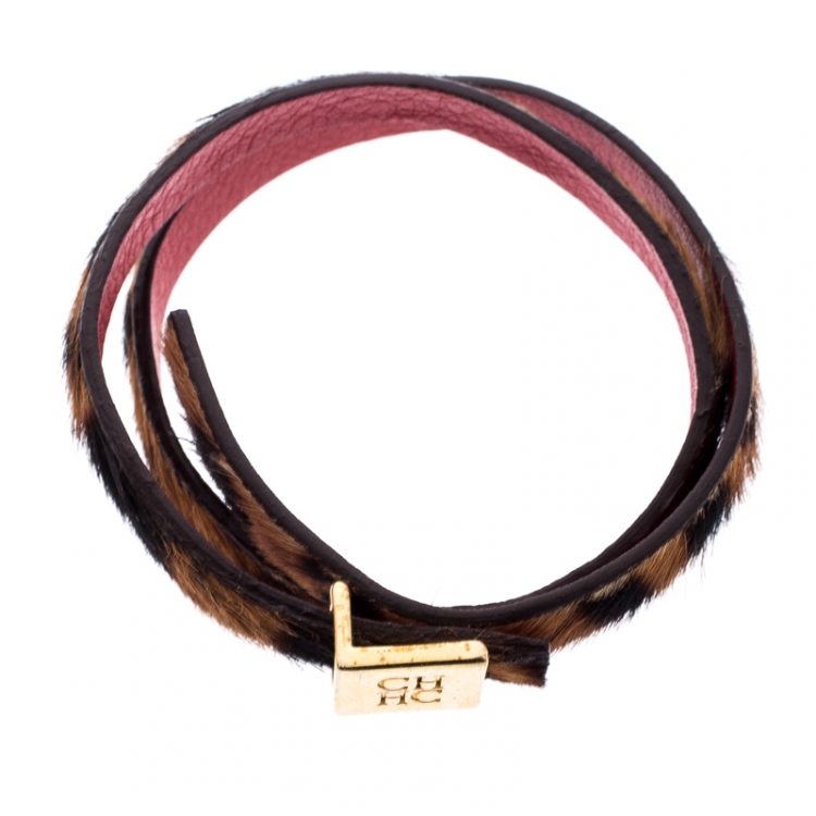 Pre Owned CH Carolina Herrera Leopard Print Leather Gold Tone Double Wrap Bracelet