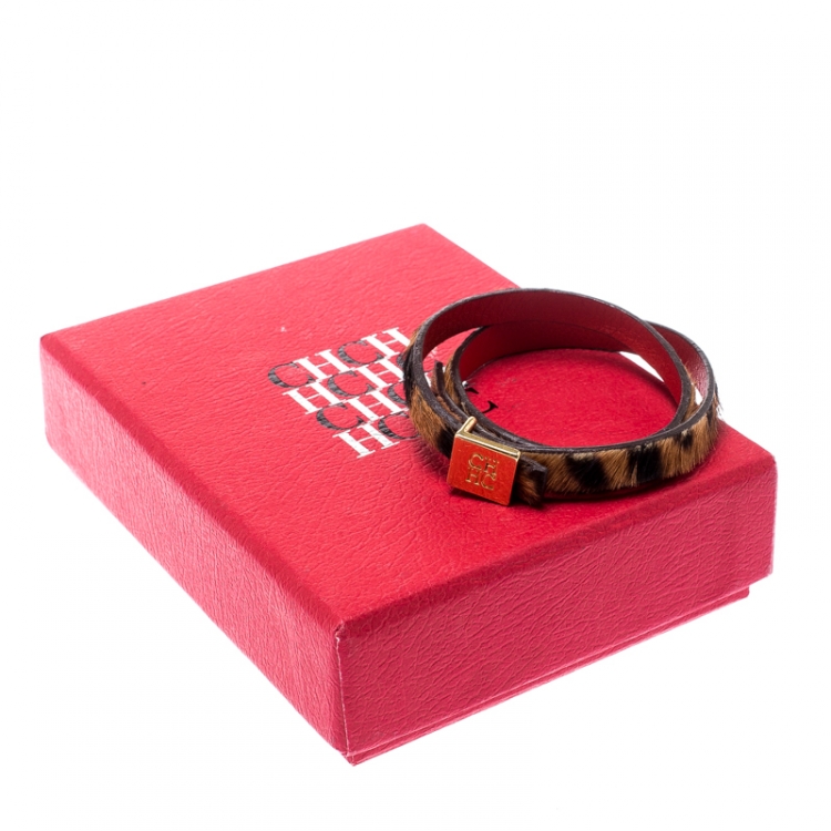 Pre Owned CH Carolina Herrera Leopard Print Leather Gold Tone Double Wrap Bracelet