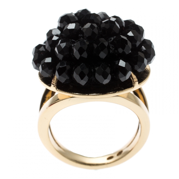 Pre Owned CH Carolina Herrera Black Crystal Monaco Cocktail Ring Size EU 54.5