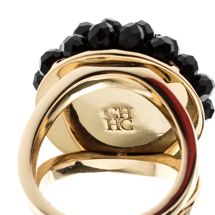Pre Owned CH Carolina Herrera Black Crystal Monaco Cocktail Ring Size EU 54.5