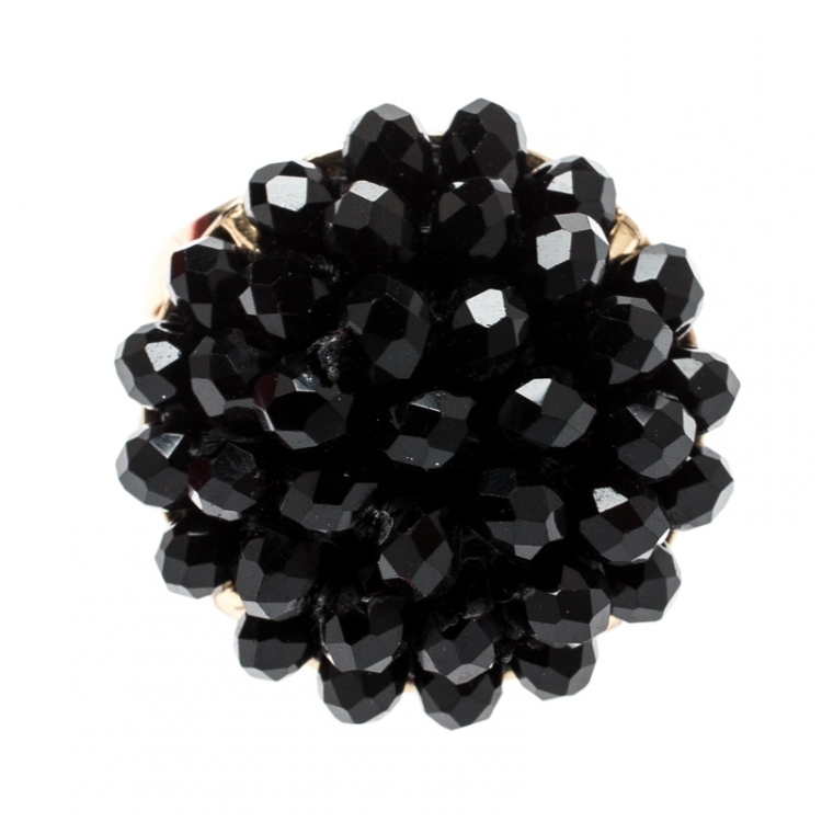 Pre Owned CH Carolina Herrera Black Crystal Monaco Cocktail Ring Size EU 54.5