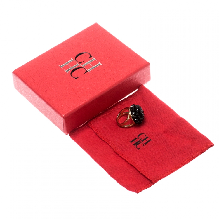 Pre Owned CH Carolina Herrera Black Crystal Monaco Cocktail Ring Size EU 54.5