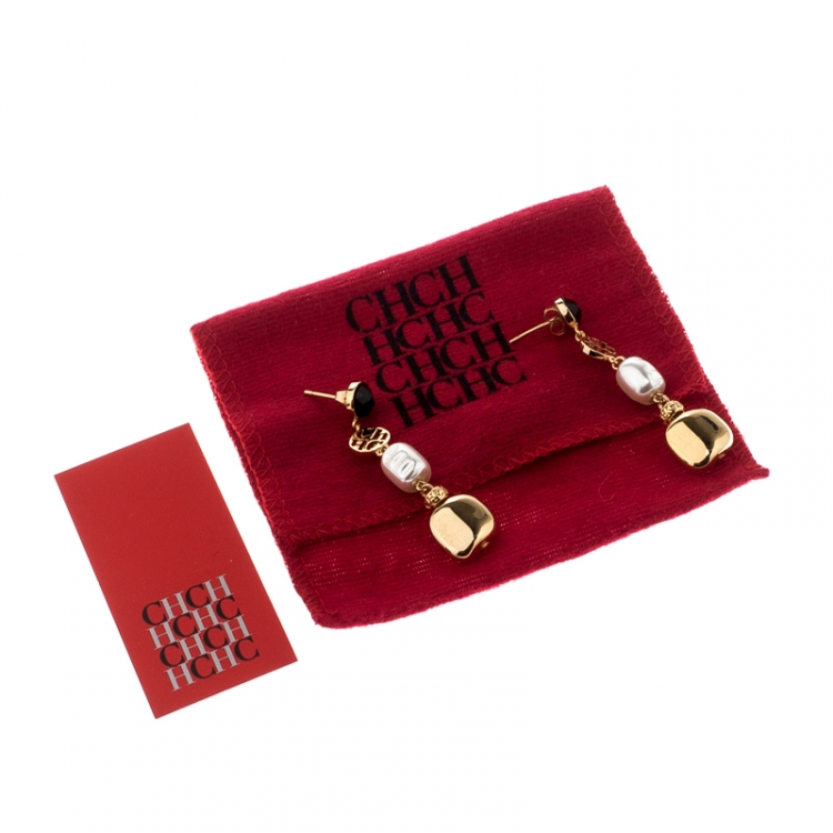 Pre Owned CH Carolina Herrera Crystal Faux Pearl Gold Tone Dangle Earrings