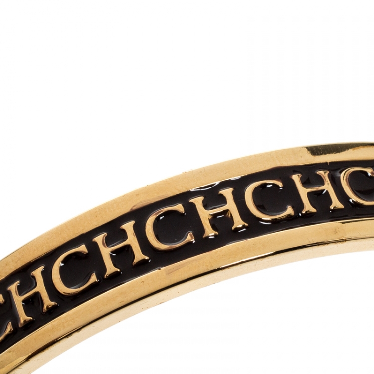 Pre Owned CH Carolina Herrera Logo Purple Enamel Gold Tone Bangle Bracelet