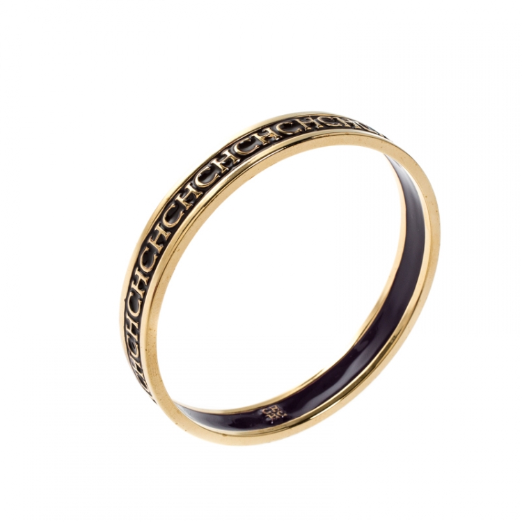 Pre Owned CH Carolina Herrera Logo Purple Enamel Gold Tone Bangle Bracelet