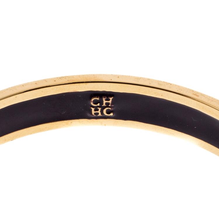 Pre Owned CH Carolina Herrera Logo Purple Enamel Gold Tone Bangle Bracelet