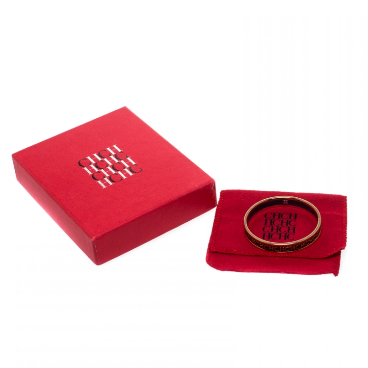 Pre Owned CH Carolina Herrera Logo Purple Enamel Gold Tone Bangle Bracelet