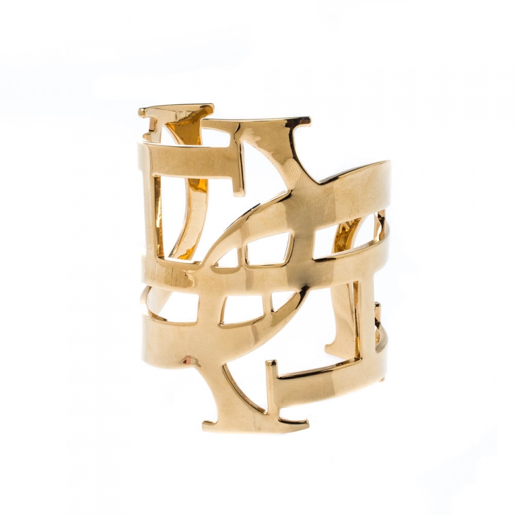 Pre Owned CH Carolina Herrera Initial Gold Tone Wide Open Cuff Bracelet