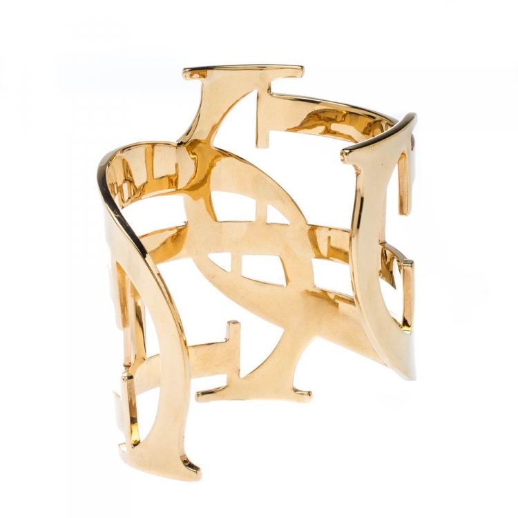 Pre Owned CH Carolina Herrera Initial Gold Tone Wide Open Cuff Bracelet