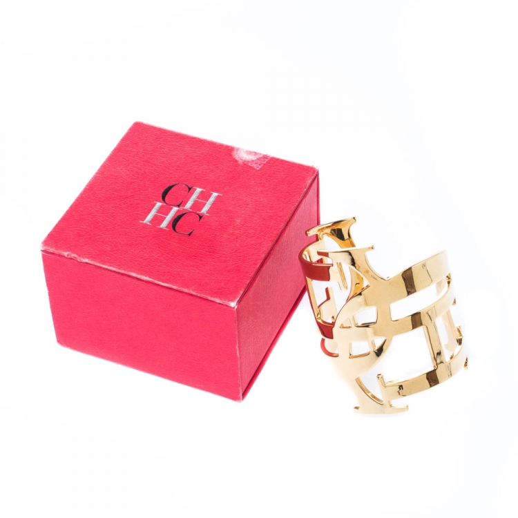 Pre Owned CH Carolina Herrera Initial Gold Tone Wide Open Cuff Bracelet
