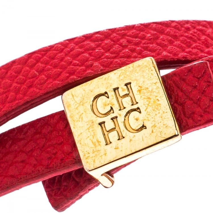 Pre Owned CH Carolina Herrera Red Leather Gold Tone Double Wrap Bracelet