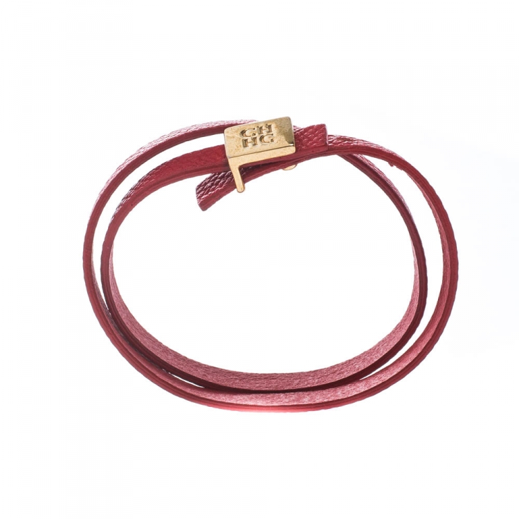 Pre Owned CH Carolina Herrera Red Leather Gold Tone Double Wrap Bracelet