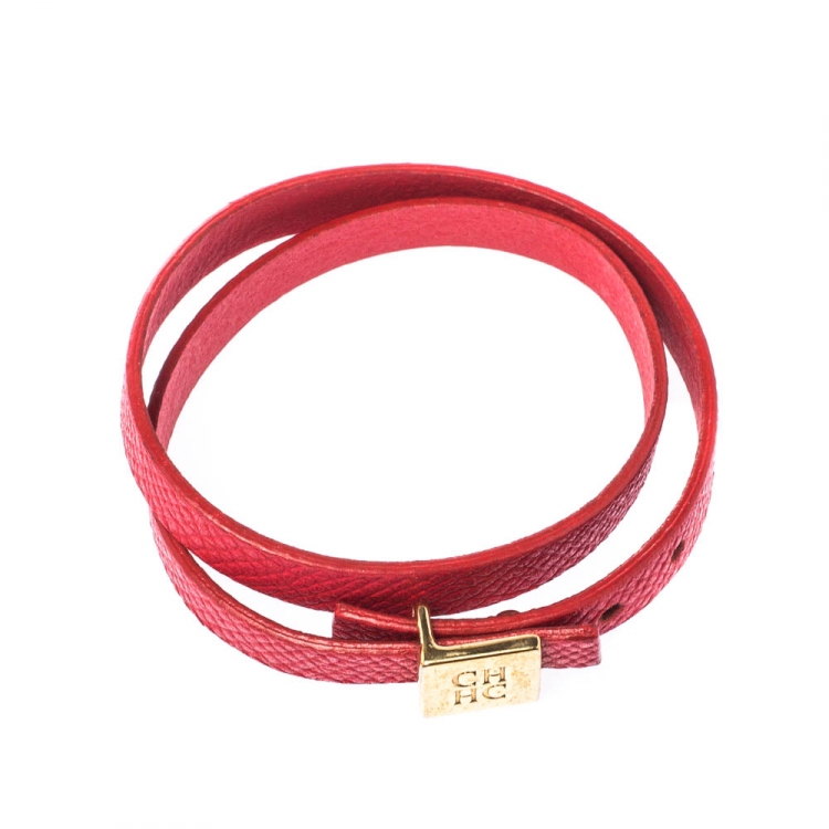 Pre Owned CH Carolina Herrera Red Leather Gold Tone Double Wrap Bracelet