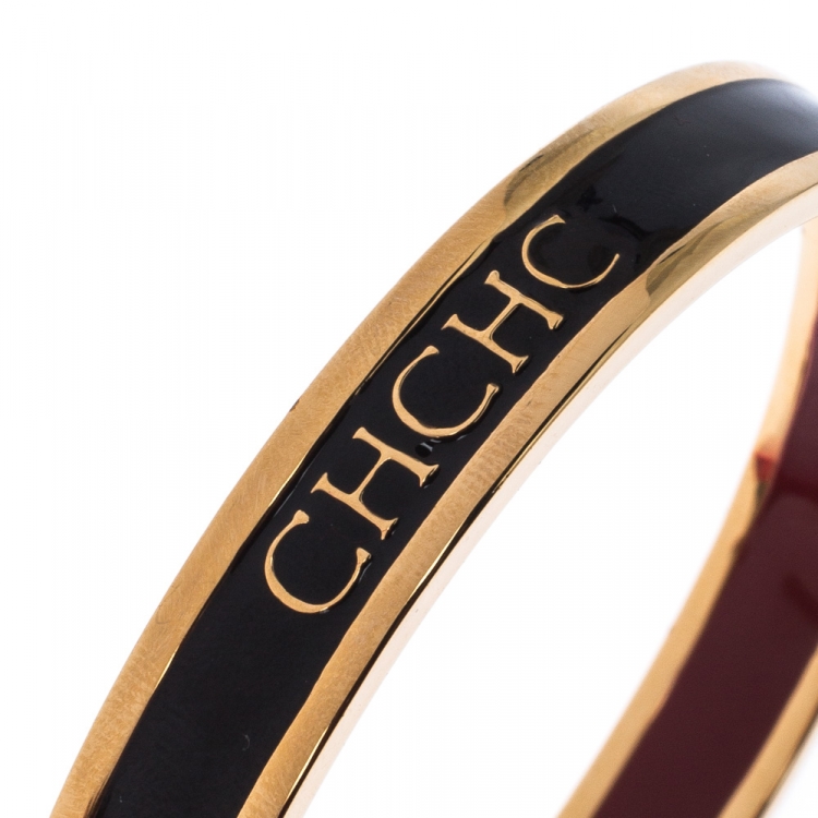 Pre Owned Carolina Herrera CH Logo Enamel Gold Tone Narrow Bangle Bracelet